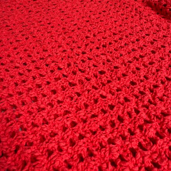 Chicos Open Knit Red Sweater Size 1 M/8 Crochet Pullover Lightweight Holiday SEE - Picture 4 of 9